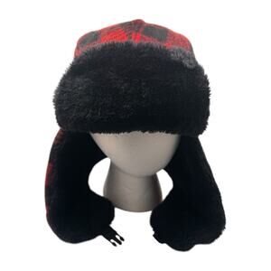 Plaid Faux Fur Trapper Hat Red Black Winter Ear Flap